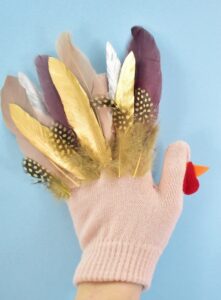 Take care when putting your turkey puppet glove on. The feathers can be damaged or removed with rough use.