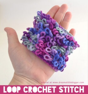This loop crochet stitch makes a loopy fabric that is too cute. Strands an be cut for a "hairy" look, too!