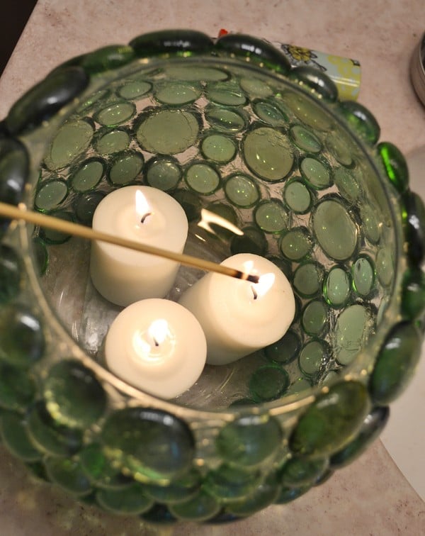 A $1 candle holder and $2 worth of glass gems become something beautiful!