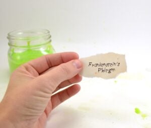Ew! Frankenstein's phlegm! Super cute with the mad scientist-like label! Free printable and no fail slime tutorial.