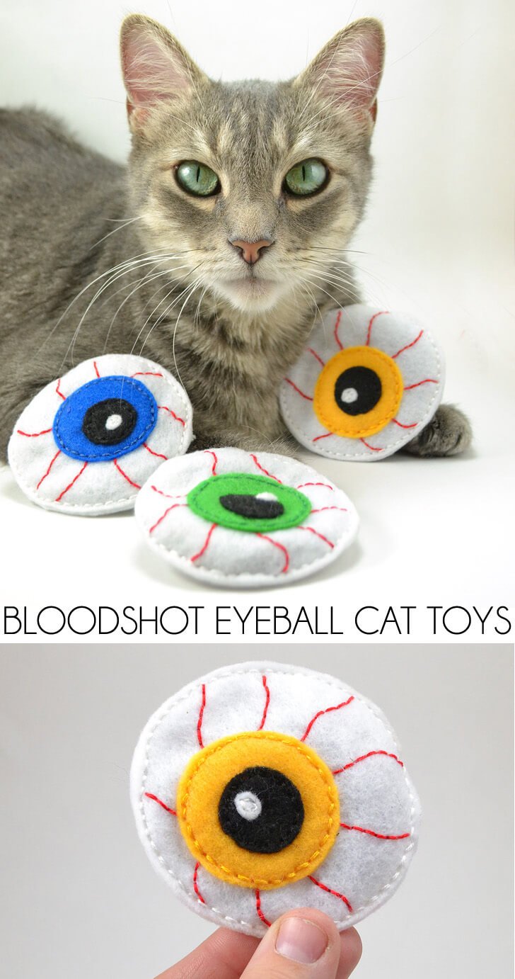 My cats love toys I make for them better than anything from the store. These catnip filled eyeballs are perfect for kitty Halloween!