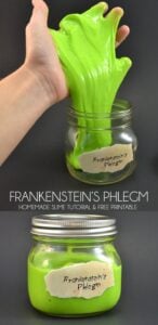 Ew! Frankenstein's phlegm! Super cute with the mad scientist-like label! Free printable and no fail slime tutorial.