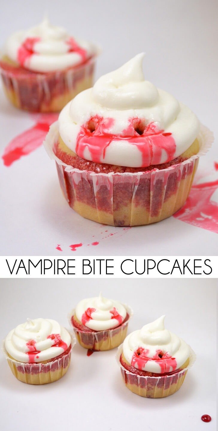 Kind of creepy but kind of cute too and perfect for Halloween! Vampire bite cupcakes!