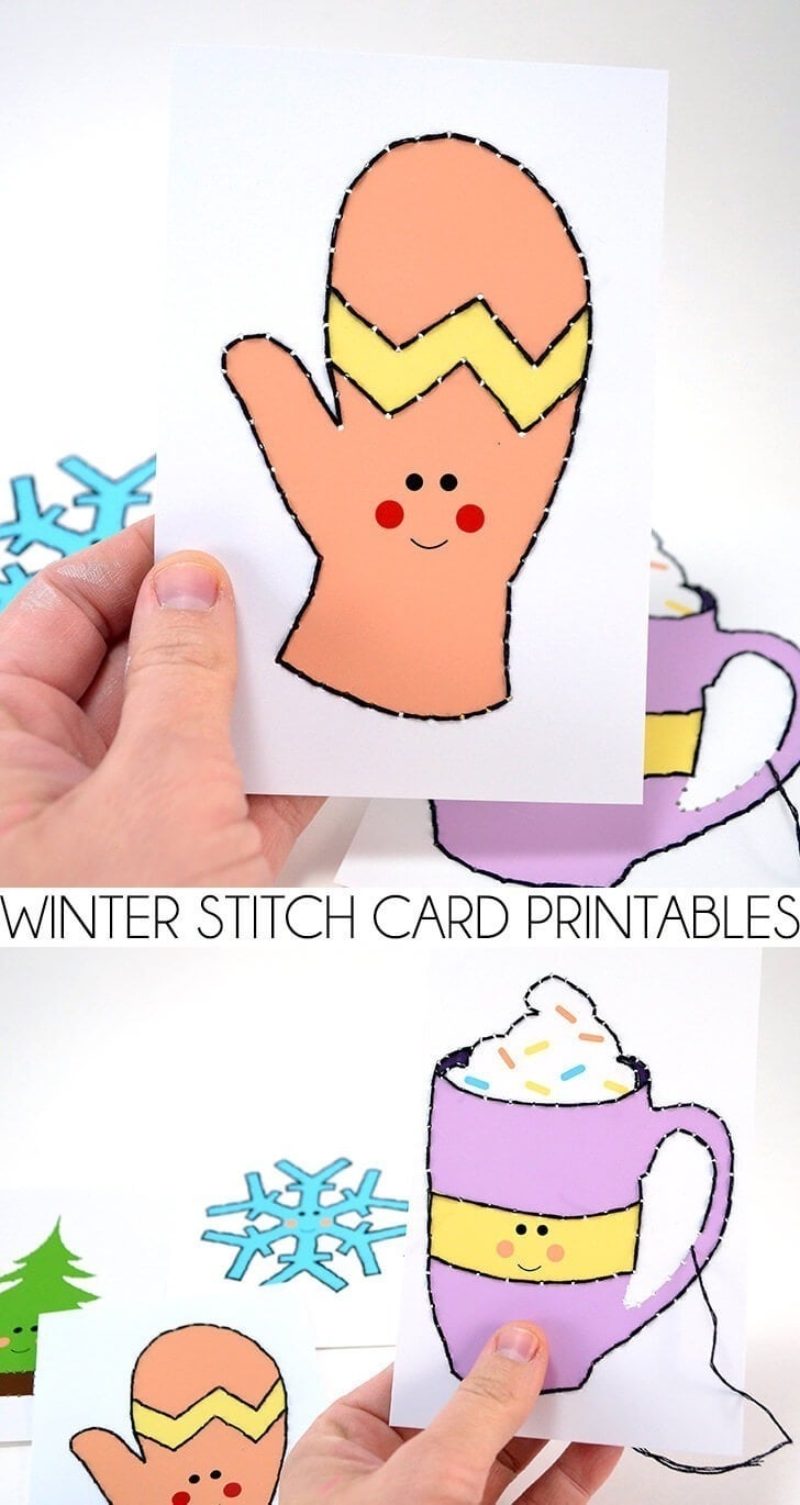 Help kids learn to stitch with these cute winter stitch cards! Freebie!