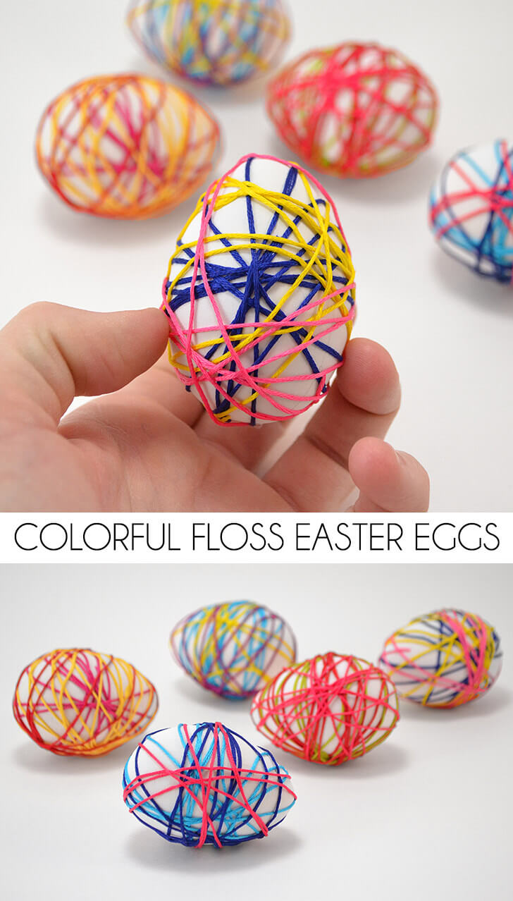 Looking for a dye-free but still colorful and pretty Easter egg craft for the littles? These colorful floss Easter eggs are just the ticket!