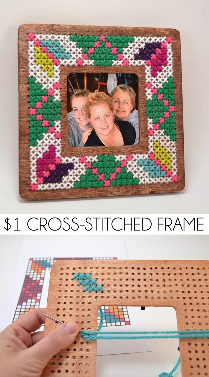 Turn a cheap wood frame from the craft department into a stitched dream for only $1!