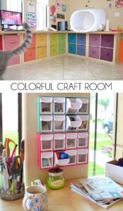 Check out all of this storage in this craft room makeover. And it's so lovely and colorful!