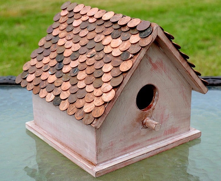 A penny roof is the pretty copper complement to a DIY birdhouse!