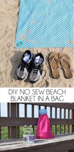 This DIY no sew beach blanket rolls up into a bag for easy carrying AND can be staked down for windy days. It's practically perfect!
