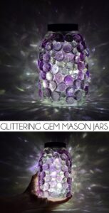 These glittering gem mason jars are a snap to make and so pretty! DIY Solar light lids mean they come on every night, too!
