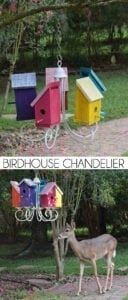 This birdhouse chandlier is a great way to repurpose old lighting! Birds get a new home and the garden gets some quirky color!