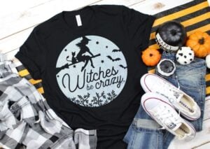 How adorable is this "witches be crazy" tee? Get the FREE Halloween SVG file to make your own witchy tee with any cutting machine!