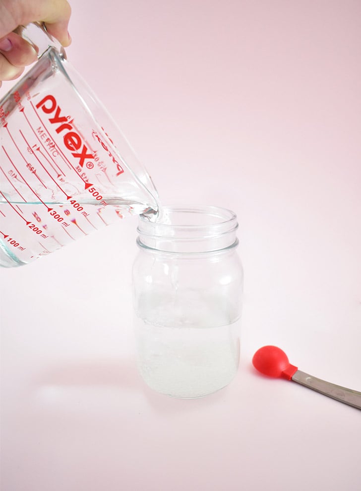 If using 16 ounce jars, add 1 teaspoon of polymer crystals and 14 ounces of warm water. If using 8 ounce jars, add 1/2 teaspoon of crystals and 7 ounces of warm water.