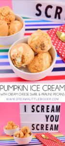 This pumpkin ice cream with cream cheese swirl and praline pecans is amazing. Who needs PSL season with this recipe?!? No shame or ice cream machine needed!