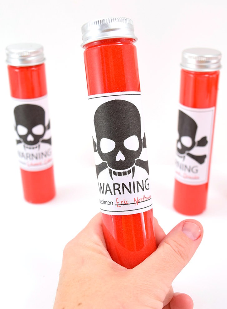 Make Vampire's Blood slime with this Borax Free Recipe and free "WARNING" printable specimen sample labels!