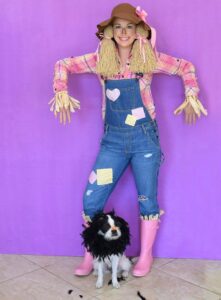 Save money and time pulling items out of your closet and craft stash for this so cute DIY scarecrow costume you can throw together for Halloween at the very last minute!
