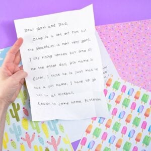 What a fun way for the kiddos to keep up with friends and family this summer, the old way, snail mail! Show them how to turn their notes into envelopes!