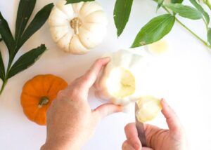 Grab a mini pumpkin & a bouquet of fresh fall flowers & turn them into some amazing arrangements in fresh pumpkin vases that your guests will adore!