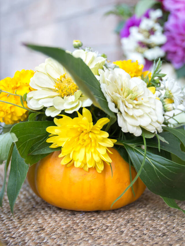 Grab a mini pumpkin & a bouquet of fresh fall flowers & turn them into some amazing arrangements in fresh pumpkin vases that your guests will adore!