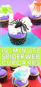 Looking for a quick sweet treat for Halloween? These not too creepy, but totally cute spiderweb cupcakes can be decorated in mere minutes!