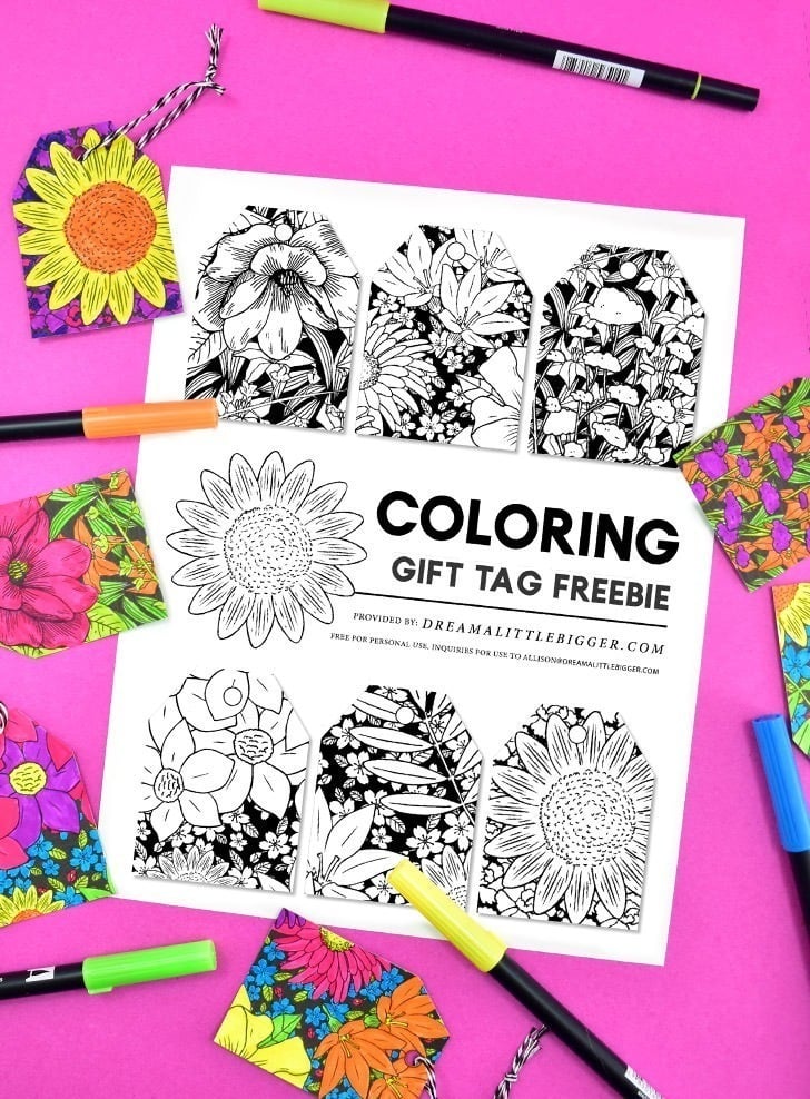 Grab these fabulous free floral gift tags to color and adorn your hand wrapped gifts. So simple but adds so much personality!