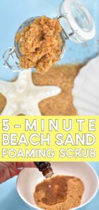In only five minutes you can have a lovely foaming beach sand scrub that is an amazing exfoliator to get your bod beach-ready and a fab summer craft!