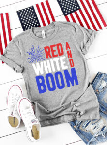 This patriotic Red, White and Boom Fourth of July Tee Shirt is too much fun! Make one for yourself or your favorite fireworks enthusiast! #boomsquad