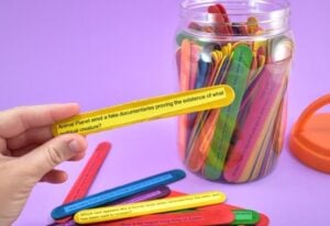 Make a super fun and easy DIY popsicle stick trivia game using whatever genres or categories you please! Plus it easily travels for fun on the go!