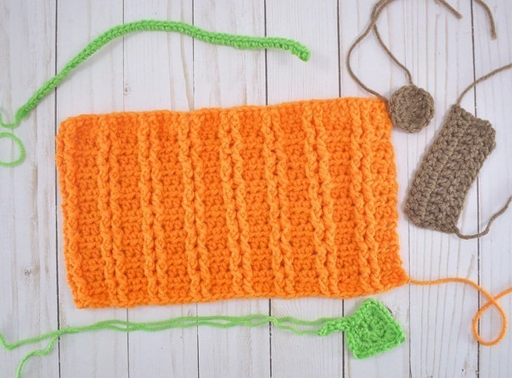 Crochet elements you'll hook up to make one of 4 different crochet pumpkins.