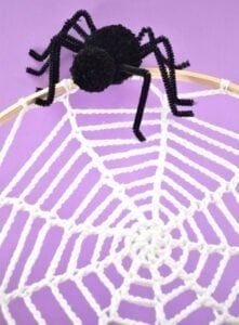 Turn embroidery hoops into adorable Halloween decor by adding crochet spider webs to them. Add in some pompom spiders and it's almost too cute!