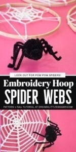 Turn embroidery hoops into adorable Halloween decor by adding crochet spider webs to them. Add in some pompom spiders and it's almost too cute!