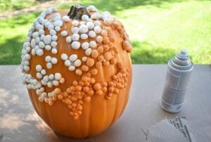 Making sure you get it from all angles, paint the warts of your pumpkin with orange spray paint.