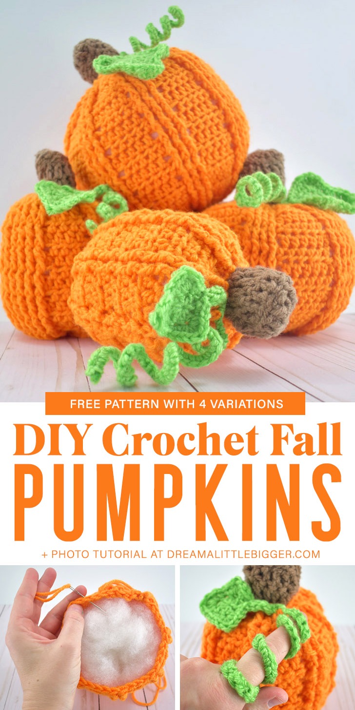 Whip up some adorable crochet pumpkins with this free pattern with FOUR different variations! Easy to follow photo tutorial for assembly, too!