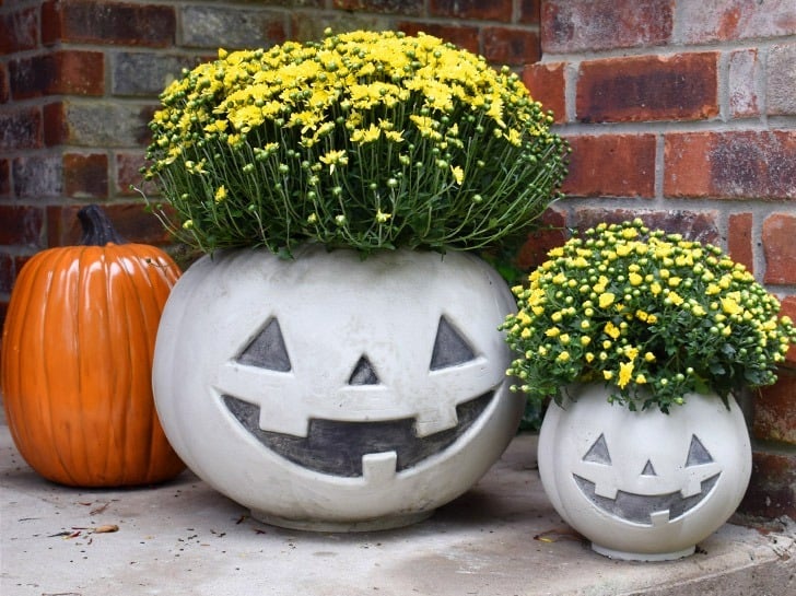 Turn a trick or treat pumpkin pail into an amazing cement pumpkin planter. The Jack side is perfect for Halloween and the pumpkin works for all of Autumn!