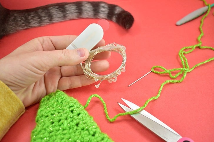 Lights like these with a small battery pack are a lot of fun to add to your crochet Christmas tree hats.