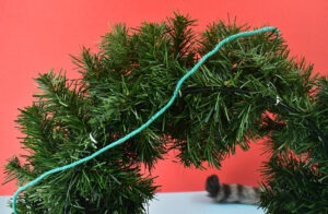 Grab those strings you used to tie your pom pom together to tie each pom onto your wreath in approximately the area you worked out on your work surface.