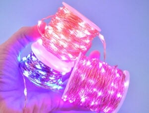 The LED lights I have used and linked to in this post are wire strung LEDs that come on a spool.