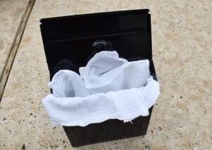 Grab your fabric dish towel or tee shirt or whatever you found to repurpose, here.