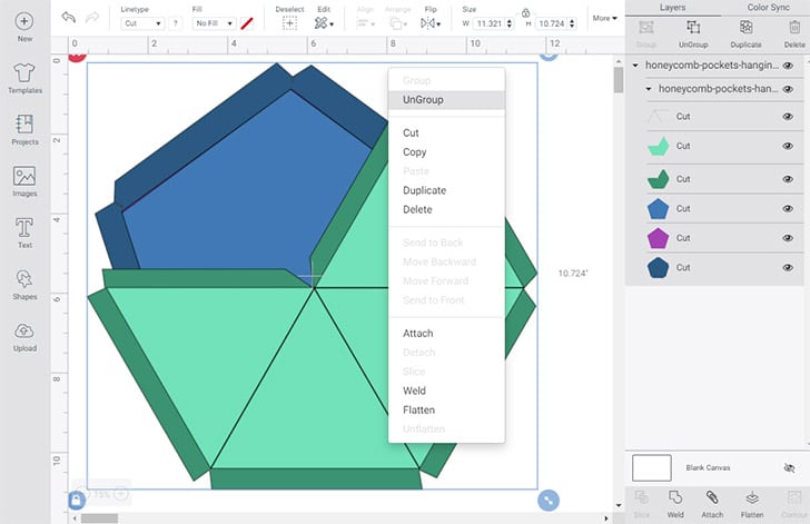 Select the shapes in Design Space and right-click on them. Click "UnGroup".