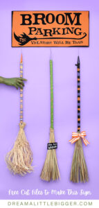 How fun is this DIY broom parking sign complete with parked brooms? Get the free cut files to make your own witch parking + tutorial!