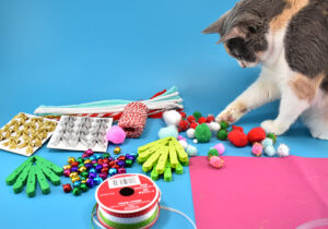 Gather together lots of colorful "decorations" for your Christmas tree. You can raid your craft stash but also look for items like bows in the mini Christmas tree section at Walmart or your craft store.