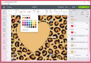 For solid layers, select the top-most shape in Design Space. In the tool bar at the top there is a drop-down for "Linetype". Next to this drop down is a square. Click that square. In the menu that comes up, select the color of your bottom-most layer.  
