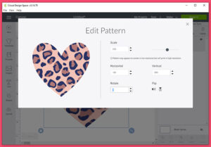 In the Edit Pattern window you can change the scale of the design. I've increased the scale to 232 so that I have bigger leopard spots. You can also move the pattern around by entering positive and negative numbers in the "Horizontal" and "Vertical" fields. Rotation is possible by entering a degree. Flip the design horizontally or vertically by clicking one of these buttons on this screen.