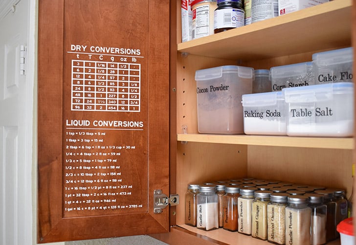 Removable vinyl makes the most perfect kitchen conversion charts so you can easily measure out dry and wet ingredients whether the recipe uses Imperial or Metric measurements!