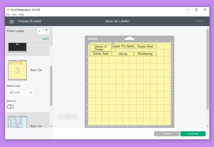 Click the green "Make It' button in the top right corner of design space. Select the mat in the same color as you chose for your spice labels to cut and cut your labels.
