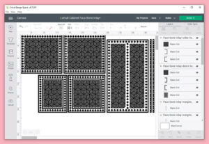 First things first, you'll need to cut the designs for the top, the left door, the right door, the 2 sides and the legs. I'd strongly suggest working only a single SVG at a time to keep things from getting too confusing because this is a lot of pieces of Iron-On to be matching up later.