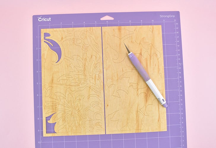 Load the mat into your Cricut Maker and cut the design from this Cricut Design Space File using the veneer settings.