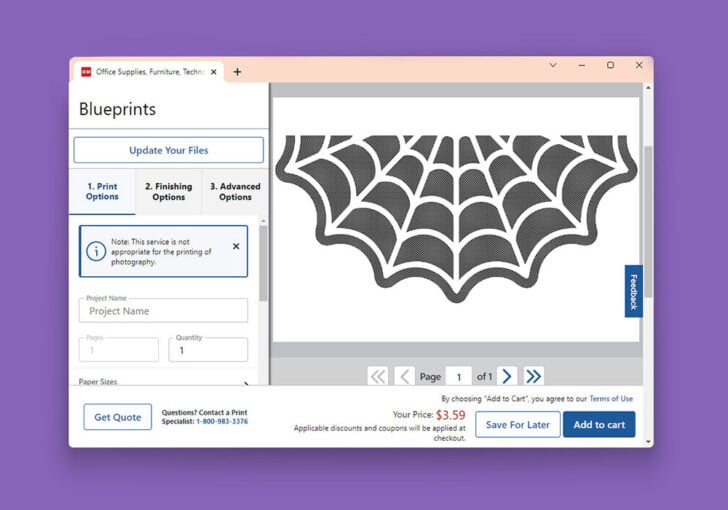 When you download the free pattern above you'll get a ZIP file with 2 different options for printing your rug. The first is to order a black and white engineering print that measures 2' x 3'. This is the easiest method but will cost you around $4.