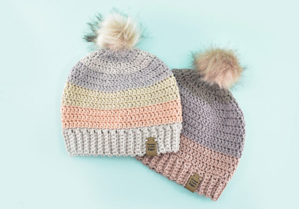 For the hat on the left I used Yarn Bee Color ID in Oats, Soft Shell, Thistle, and Seal. The hat on the right was made with Caron Cake in Buttercream available at Michael's or Amazon