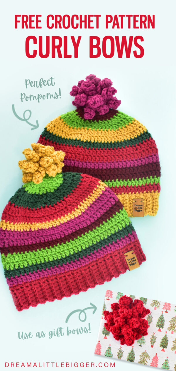 This adorable crochet curly bow pattern is easy, super quick, and an amazing stash buster. Use them for the cutest pompoms for hats or to embellish wrapped gifts!